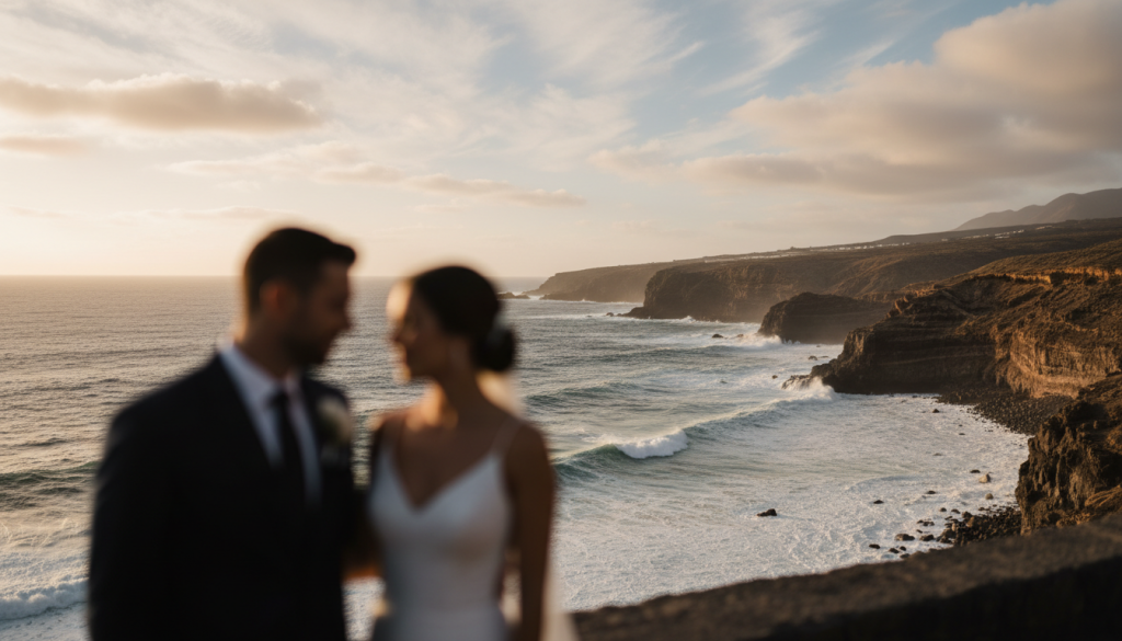As the sun dips below the horizon, casting a warm golden glow across the sky, a radiant couple stands gracefully by the ocean.