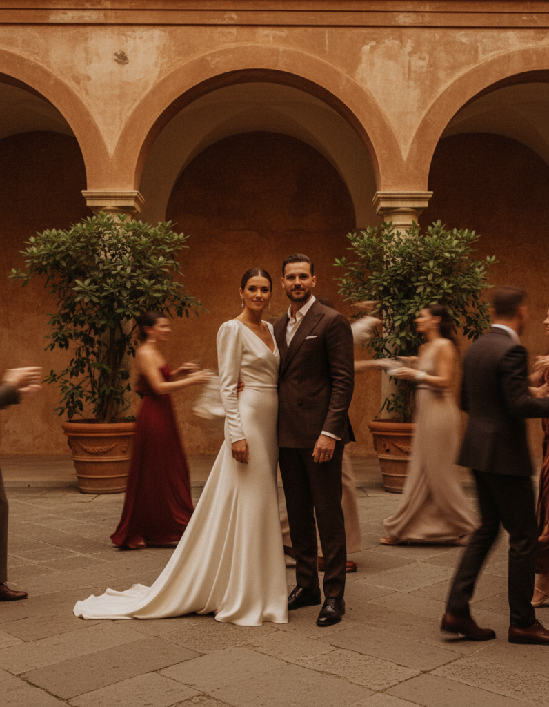 Bride and groom standing in a historic venue in Tenerife