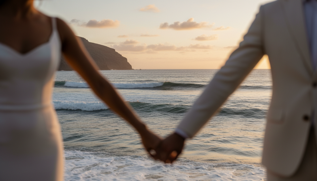 Close-up of a couple’s hands with a Tenerife sunset in the background