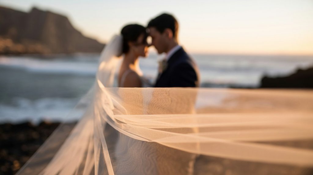 Sunset, casting a warm golden glow across the sky, a couple stands by the ocean.