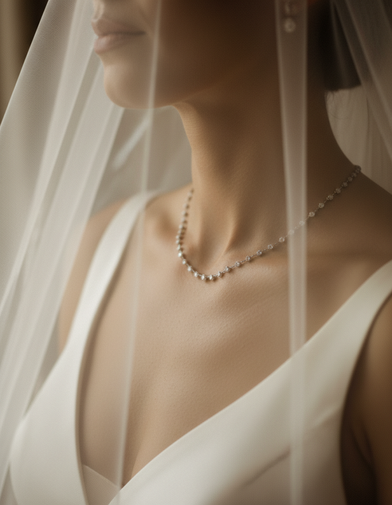 Close-up of a bride wearing a delicate necklace under a sheer veil in soft light.