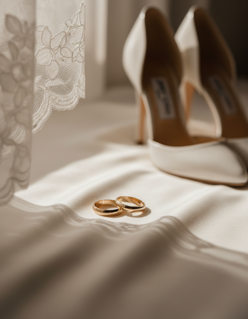 Gold wedding rings placed on soft ivory fabric beside lace details and white bridal shoes.