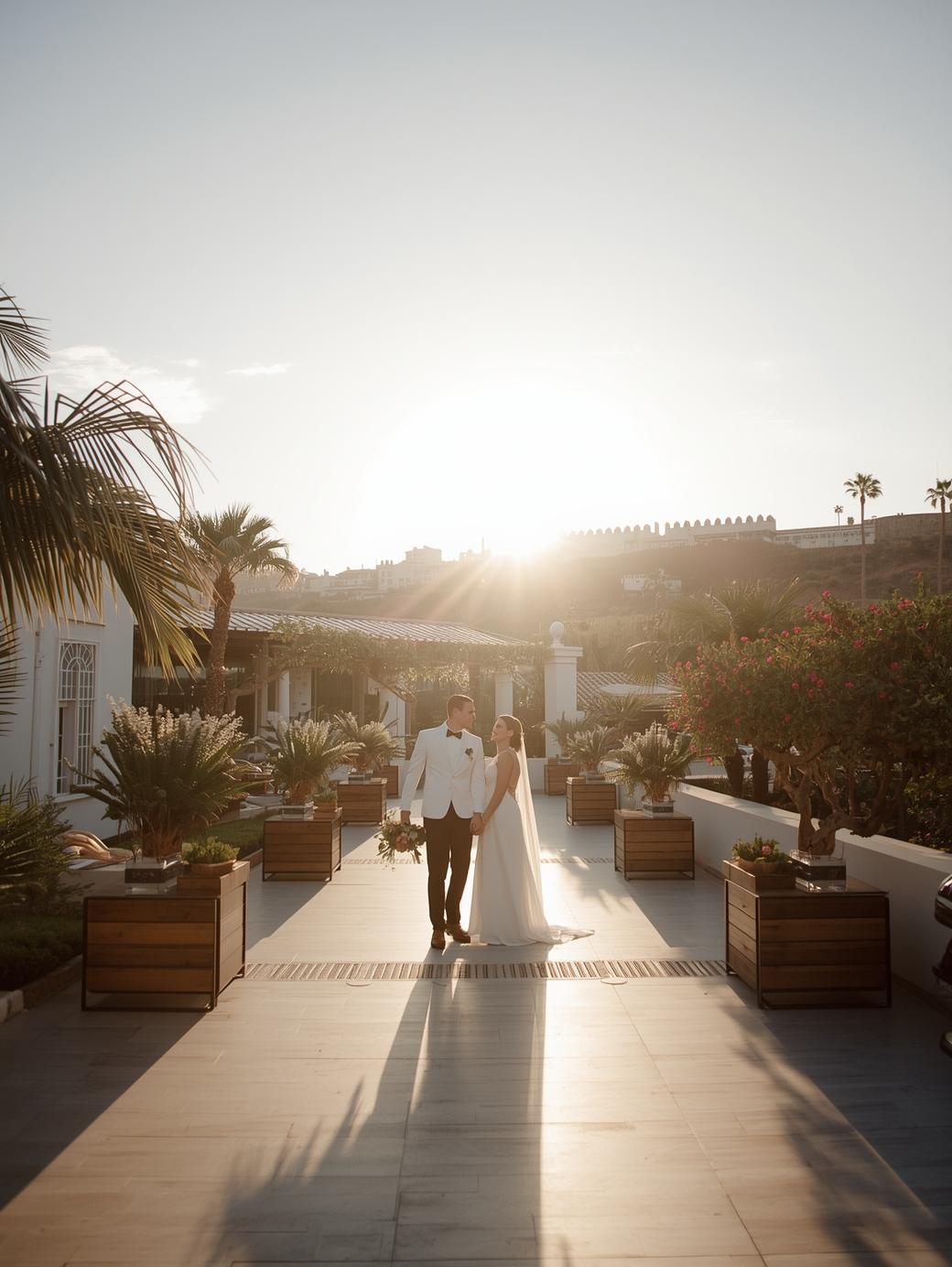 How to Plan a Wedding in Tenerife: A Step-by-Step Guide Elegant sunset moment with a couple at a refined luxury hotel. Logistics, planning, wedding coordination, wedding in Tenerife